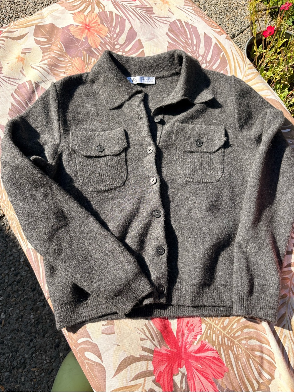 Zara Charcoal Button-Front Knit Cardigan with Chest Pockets